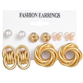European American 6-Piece Women's Wedding Earrings Set Cross-Border Exaggerated Geometric Pearl Diamond Direct Party