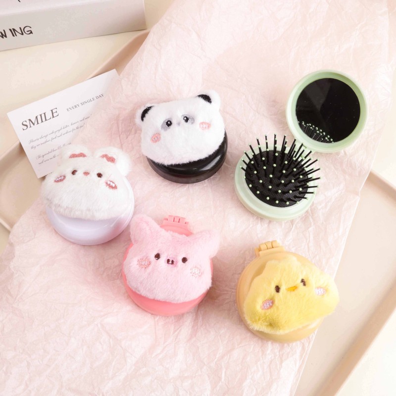 Cute Furry Cartoon All-in-One Portable Folding Massage Comb Lighted Air Cushion Mirror Comb for Girl's Carry-on Travel Suit