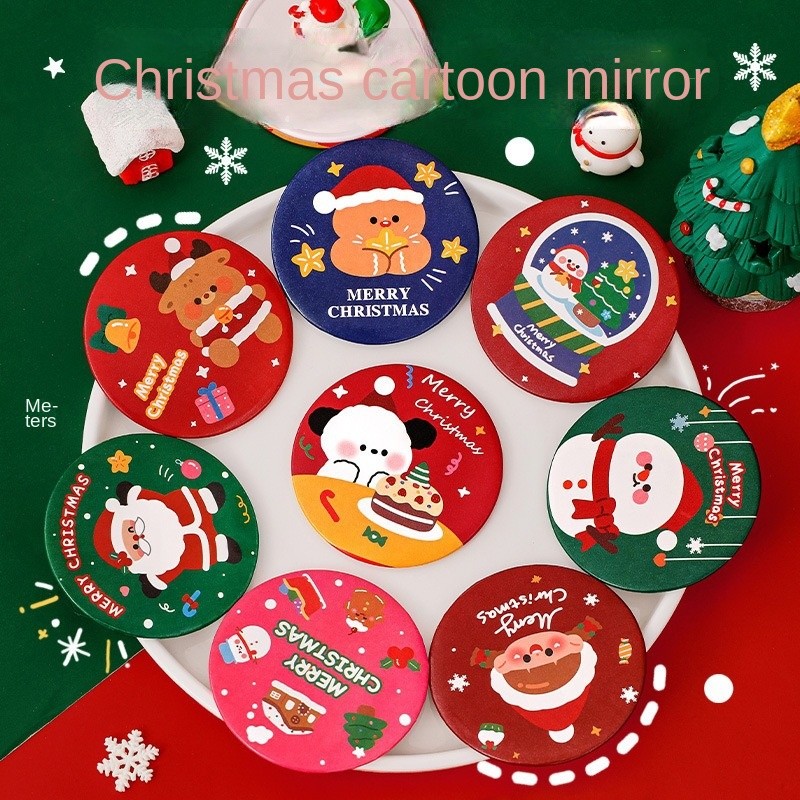 Cartoon Christmas Mini Portable Round Mirror Cute Handheld Student Award Gift Small Christmas Gift for Students