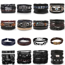 Vintage Men's Multi-Layer Wide Wrap Bracelet Hollow Triangle Leather with Geometric Pearl Ball Shape Fashion Jewelry Gift