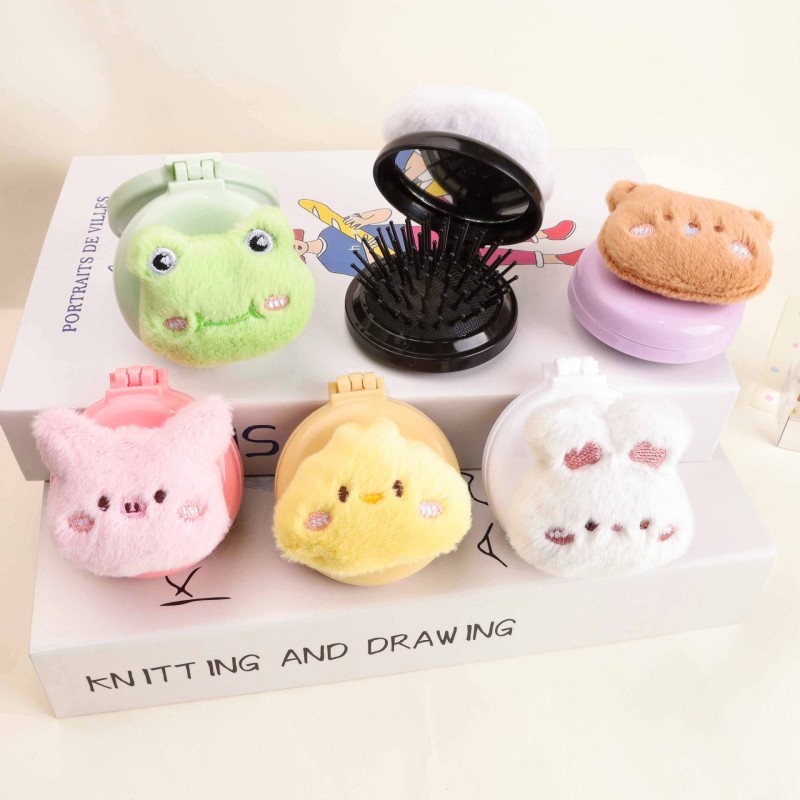 Cute Furry Cartoon All-in-One Portable Folding Massage Comb Lighted Air Cushion Mirror Comb for Girl's Carry-on Travel Suit