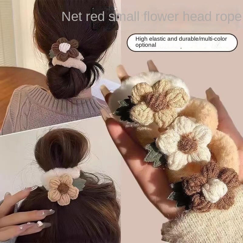 Cute Plush Flower Head Hairband for Women Internet Famous Sweet Fabric Rubber Band Headdress for Autumn Winter