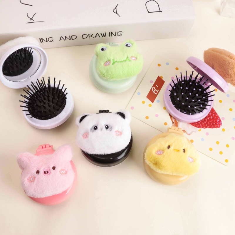 Cute Furry Cartoon All-in-One Portable Folding Massage Comb Lighted Air Cushion Mirror Comb for Girl's Carry-on Travel Suit
