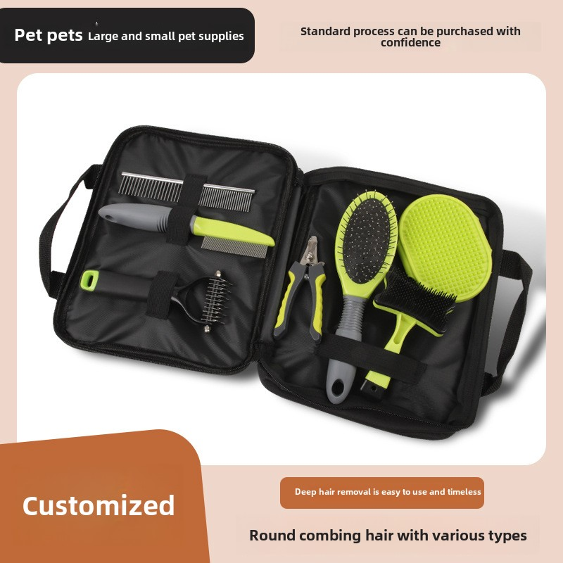Customized 6-Piece Pet Supplies Set Yellow Green Plastic and Stainless Steel Dog Grooming Brushes Cleaning and Combining