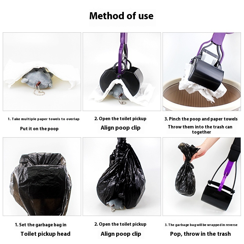 Eco-Friendly Large 6-Pet Poop Scooper with Extended Handle Dog Poop Picker Plastic Poop Bag Holder Pet Waste Disposal Supplies