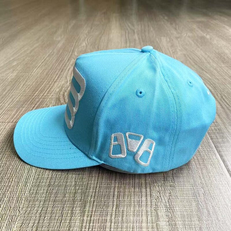 Sky Blue Baseball Cap Manufacturer - 5-Panel Curved Brim Snapback Custom 3D Embroidery