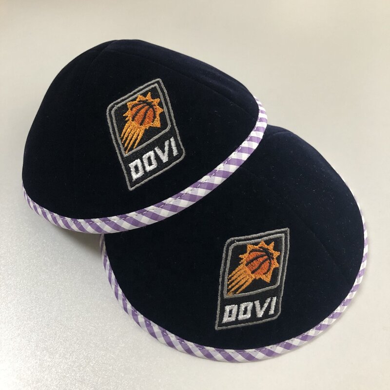 Cotton Velvet Kippah Factory - Navy Blue Custom Embroidery with Trimming