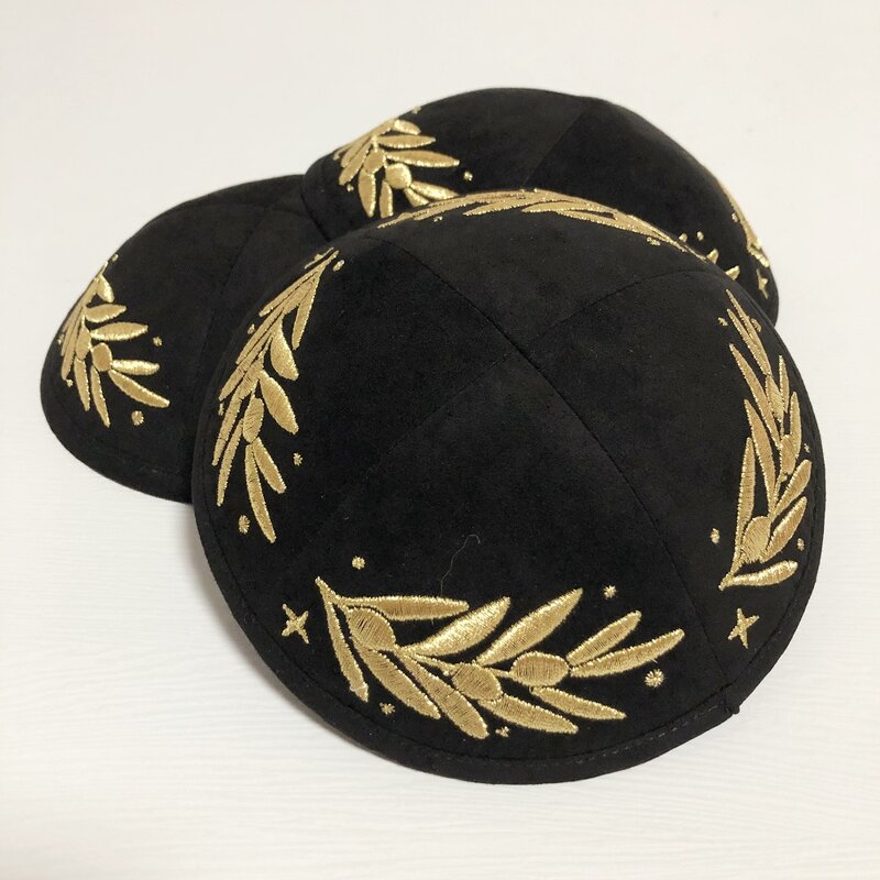 Black Suede Kippah Factory - Gold Leaf Embroidery Customized for Party