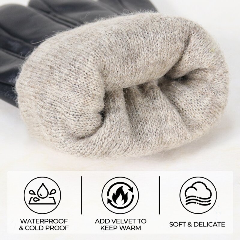 Men's Winter Gloves Supplier - OEM ODM Black Goatskin Palm Back Wool Lining Back Adjustable Wrist Customized
