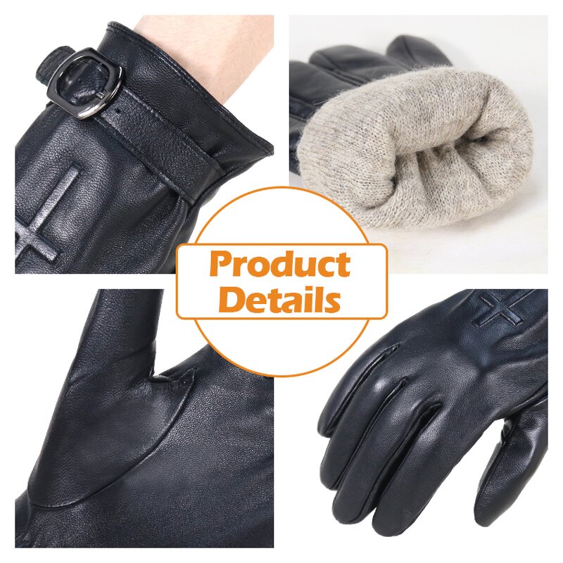 Men's Winter Gloves Supplier - OEM ODM Black Goatskin Palm Back Wool Lining Back Adjustable Wrist Customized