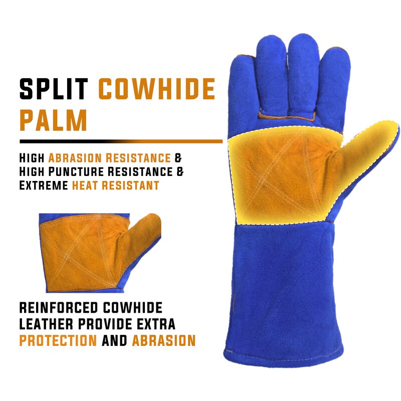 Welding Leather Work Gloves Supplier - Factory Brand 14" Split Cowhide Reinforced Palm Fleece Lining