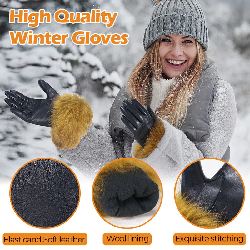 Women's Winter Gloves Supplier - Hot Selling Black Goatskin Palm Back Mink Fur Cuffs Hoodie Fabric Lining