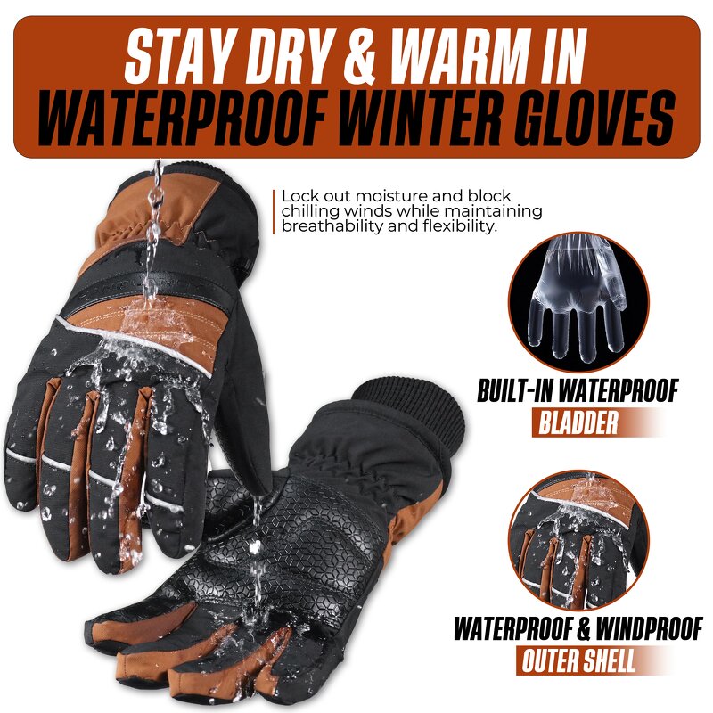 Winter Gloves Manufacturer - Black Waterproof Fabric Palm Coffee Back Elastic Wrist Closure Breathable