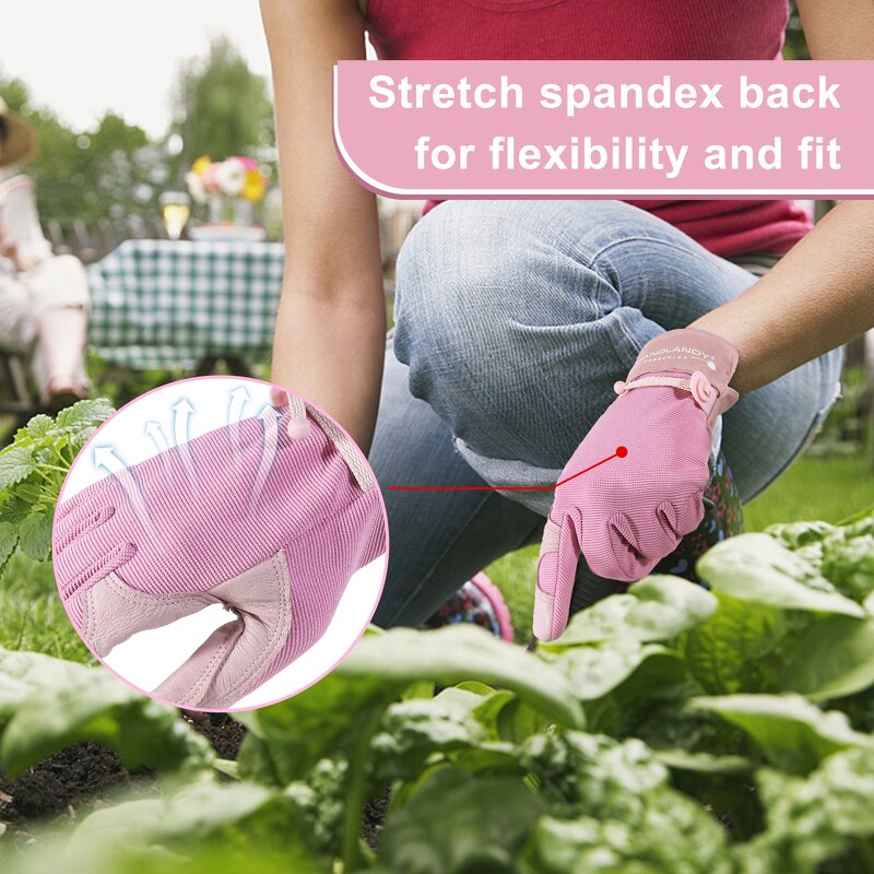 Garden Work Gloves Manufacturer - Factory Wholesale Pink Pigskin Leather Women Floral Spandex Back