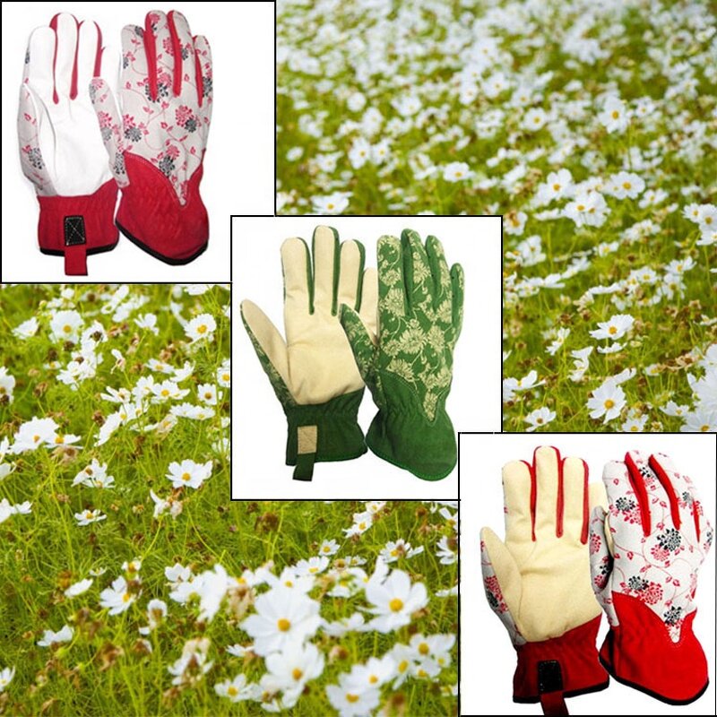 Garden Gloves Supplier - High Quality Synthetic Palm Back Flower Pattern Rose Pruning Leather