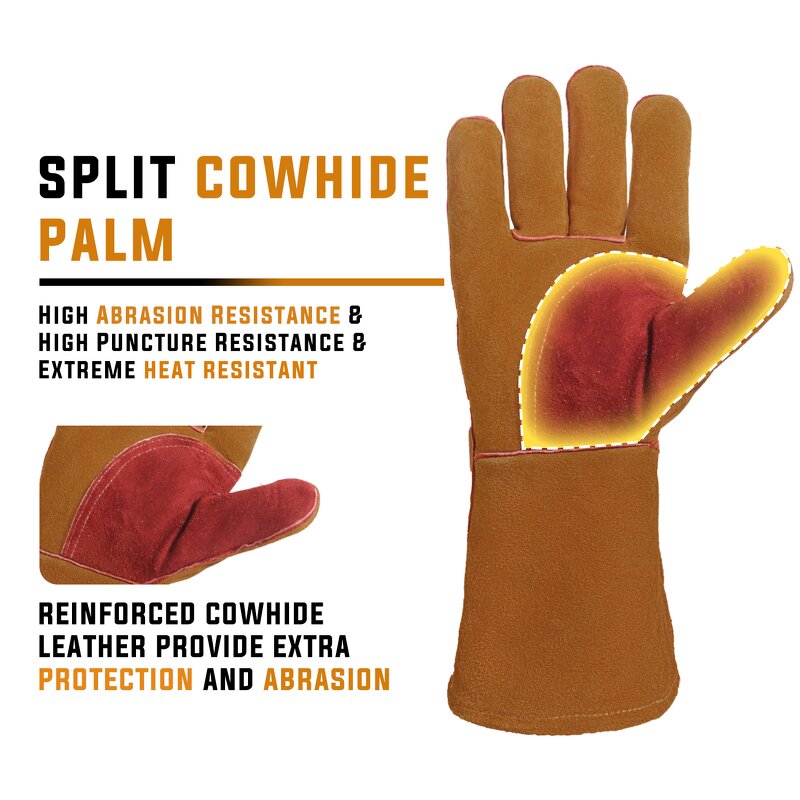 Welding Gloves Supplier - Long Cowhide Heat-Resistant Durable Split Leather Industrial Work