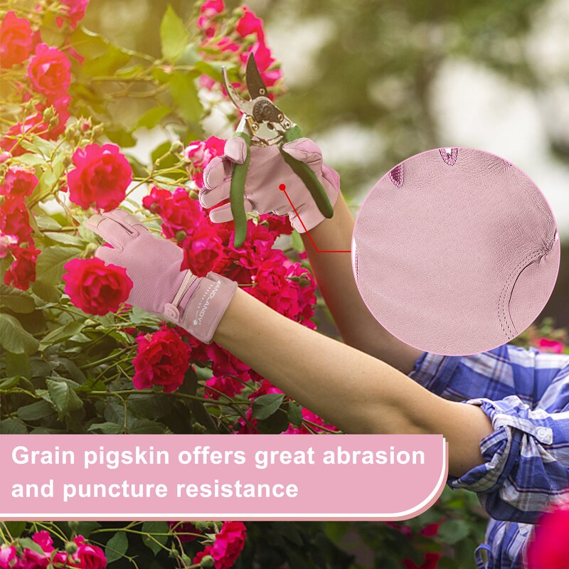 Garden Work Gloves Manufacturer - Factory Wholesale Pink Pigskin Leather Women Floral Spandex Back