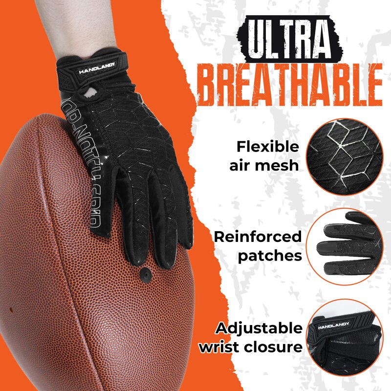 American Football Gloves Factory - Black Fully Silicone Coating Sticky Grip Customized Logo Low MOQ