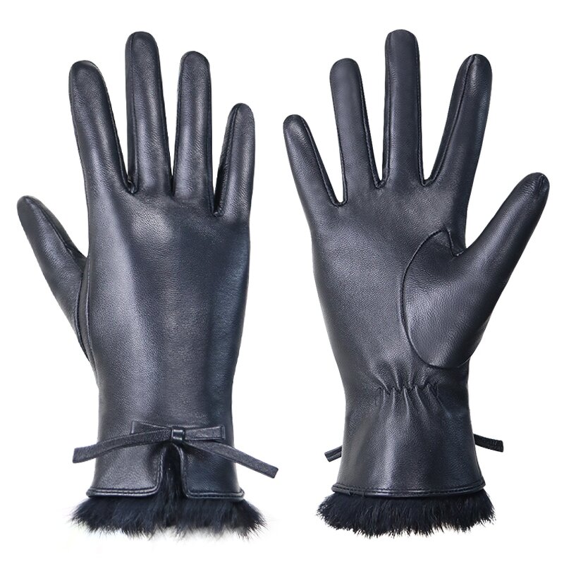 Women's Winter Gloves Factory - Black Goatskin Palm Ultra-soft Short Plush Llining Mink Fur Cuffs Touch