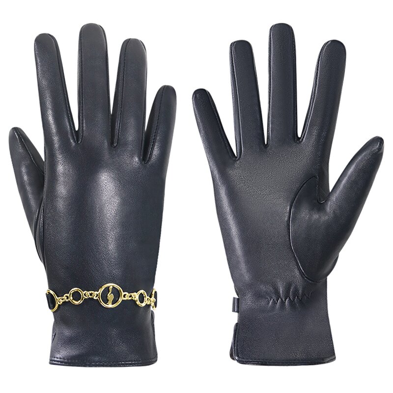 Women's Winter Gloves Factory - Wholesale Black Goatskin Palm Touch Screen Windproof Wrist Gold Chain