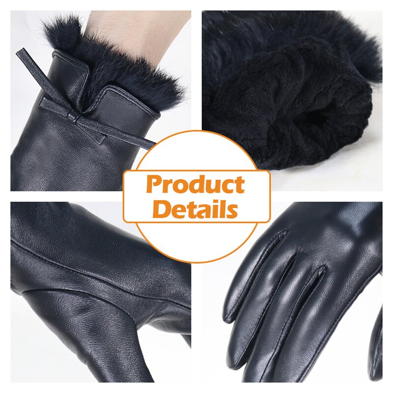 Women's Winter Gloves Factory - Black Goatskin Palm Ultra-soft Short Plush Llining Mink Fur Cuffs Touch