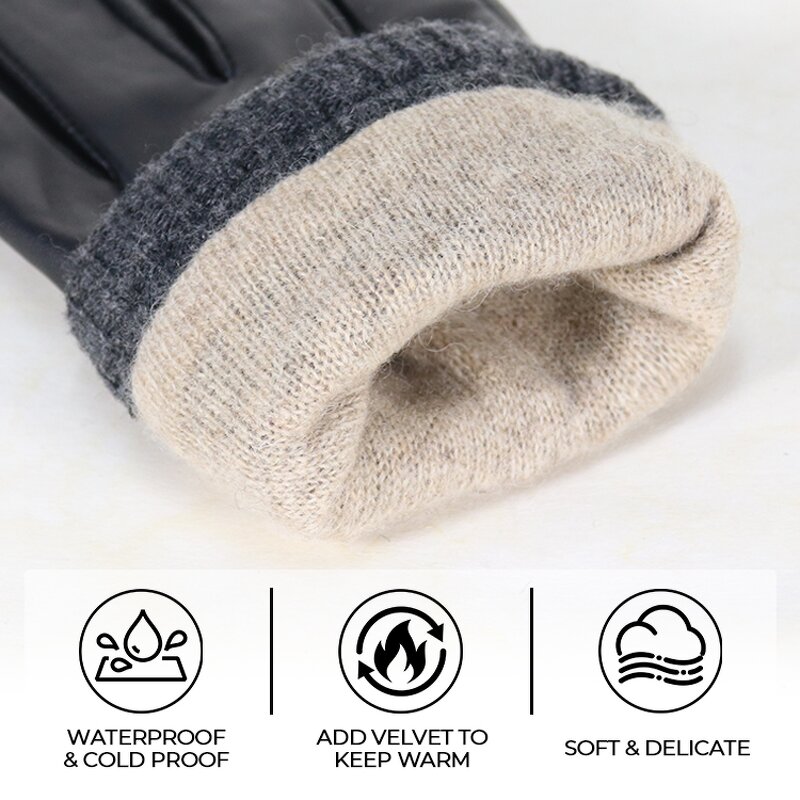Winter Gloves Manufacturer - New Arrival Breathable Black Goatskin Palm Back Wool Lining Adjustable Wrist