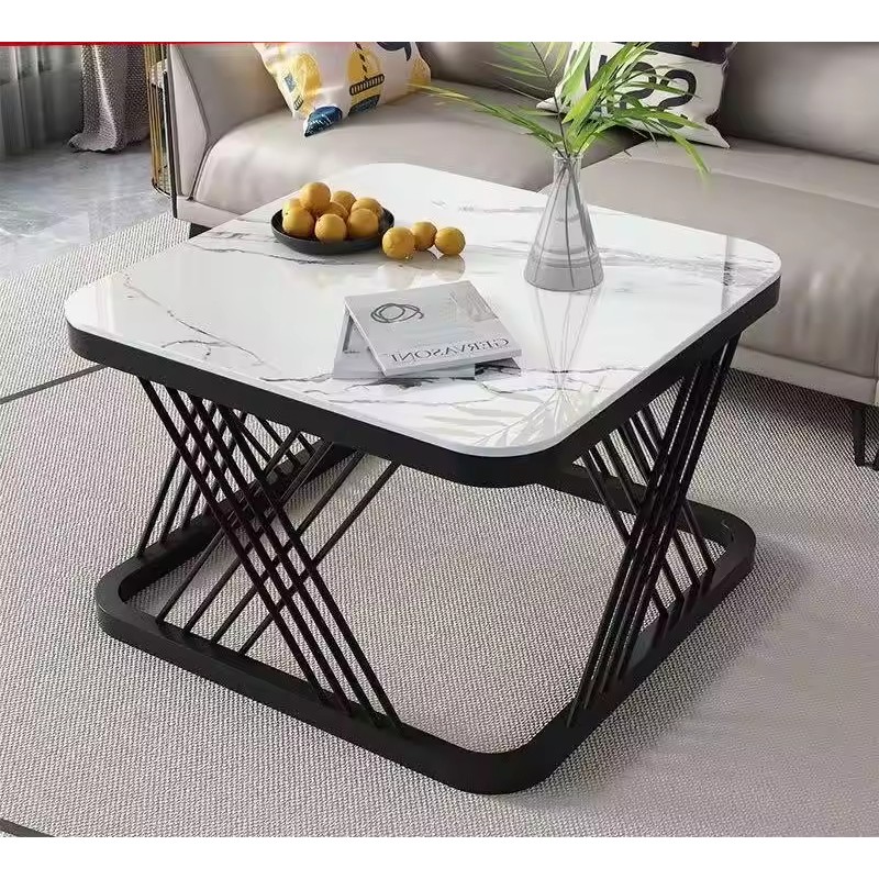 Modern Accent Living Room Faux Marble White Small Coffee Wood square Sofa Side Table with 2 Shelves Storage Space