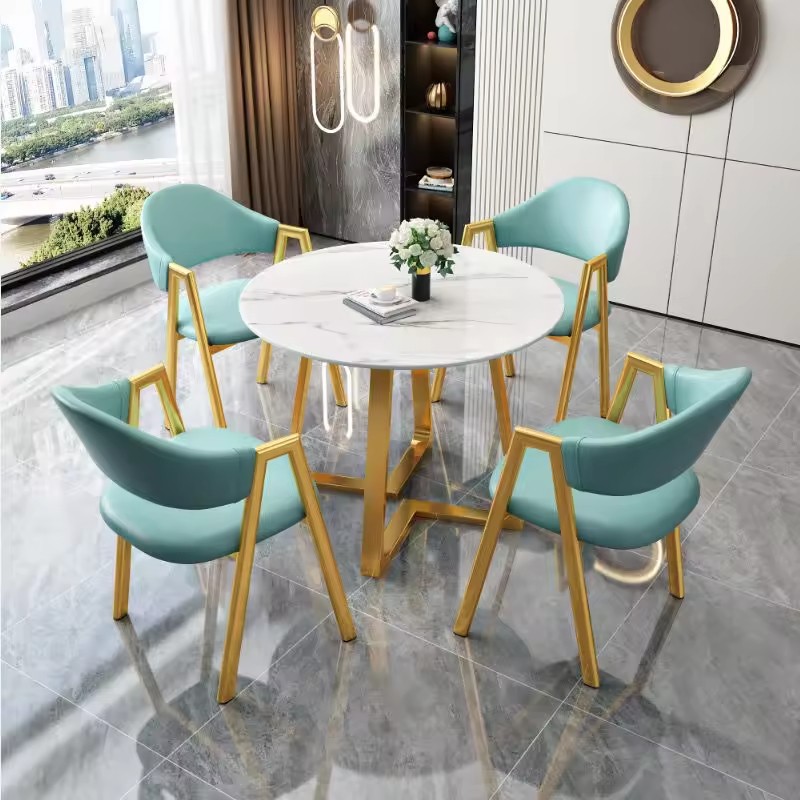 Dining Table for 4 Persons, Faux Marble Dining Table, 4 Chairs, Mid-century Modern Dining Table and Chair Set, Round Table