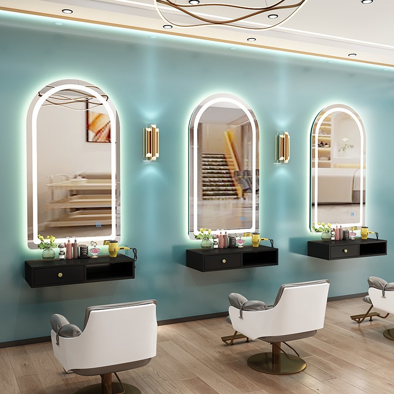New Barber Shop Mirror Hair Salon Special Countertop Single-sided with Lamp Hair Salon Mirror Wall Hanging Cabinet Integrated