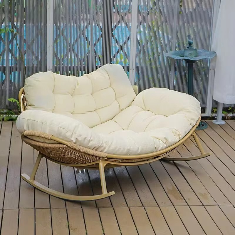 Morden Patio Wicker Indoor Outdoor Luxury Egg Rocking Chair Papasan Rattan Chair for Bedroom Living Room Porch Garden Lawn-Beige
