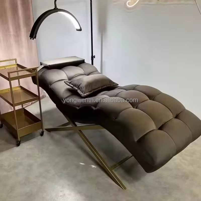 Modern Luxury Lash Bed Massage Table Beauty Salon Leather Gold Stainless Steel Basebase Curved Eyelash Bed
