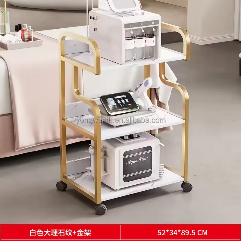 High Quality Barber Shop Salon Marble Top Tools Cart Gold Stainless Steel 3 Layer Beauty Saloon Trolley With 4 Wheels