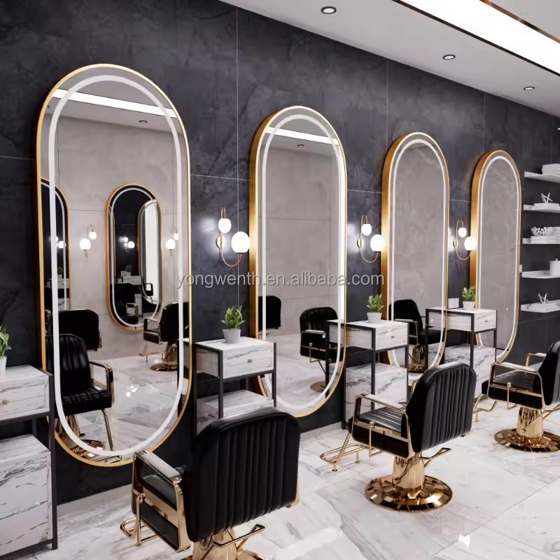 Custom Salon Furniture Station Double Sided Oval Hair Salon Mirrors Hair Double Sided Mirrors Hair Chair and Salon Mirror