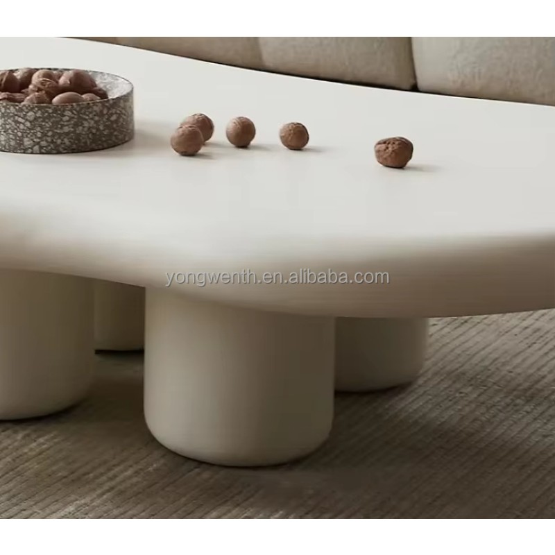 Modern Home Coffee Table Set Cream White Wavy Fiberglass Center Table Design for Living Room