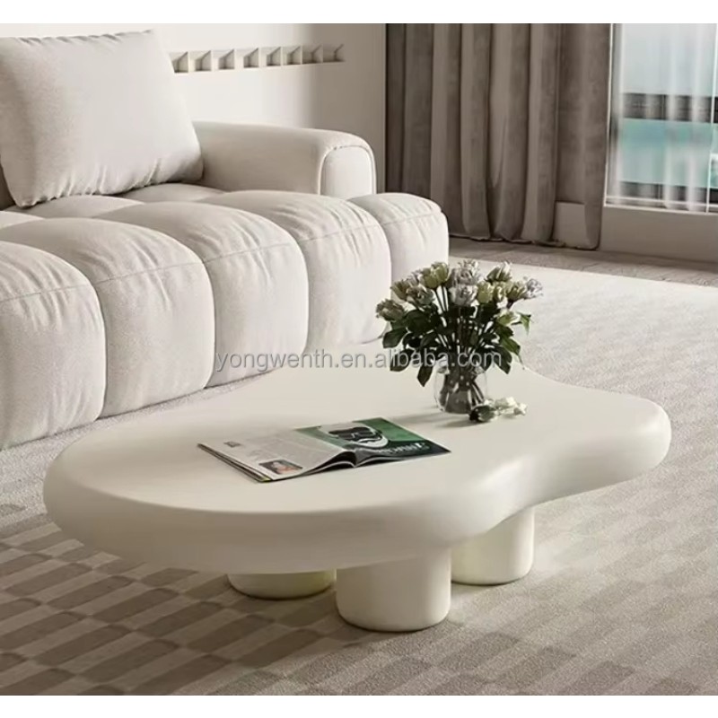 Modern Home Coffee Table Set Cream White Wavy Fiberglass Center Table Design for Living Room