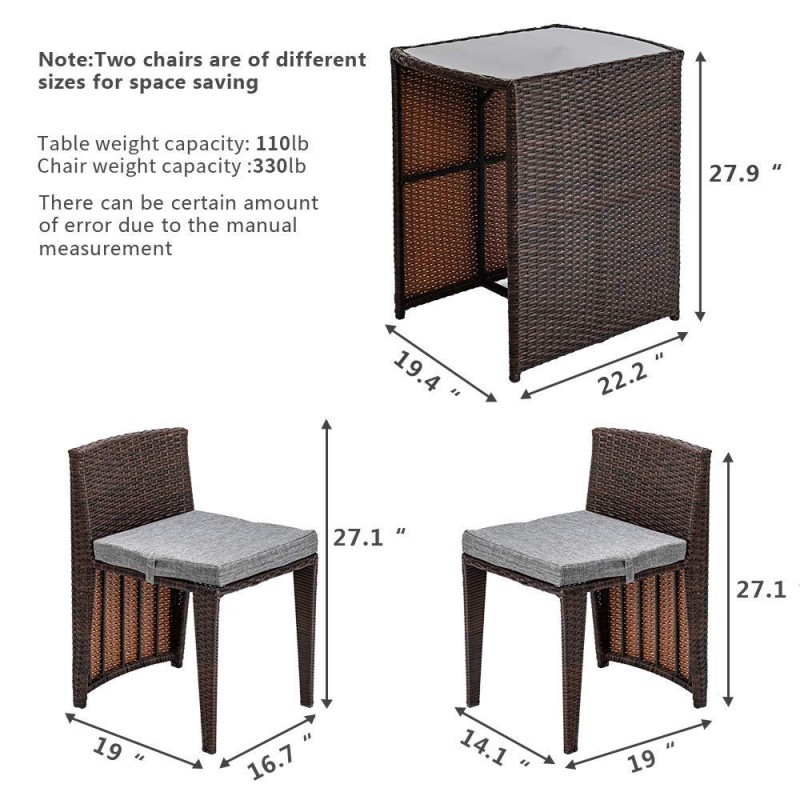 3 PCS Wicker Outdoor Patio Bistro Set, Patio Furniture Set for Small Space with Glass Top Table Dining Chairs, Balcony Furniture