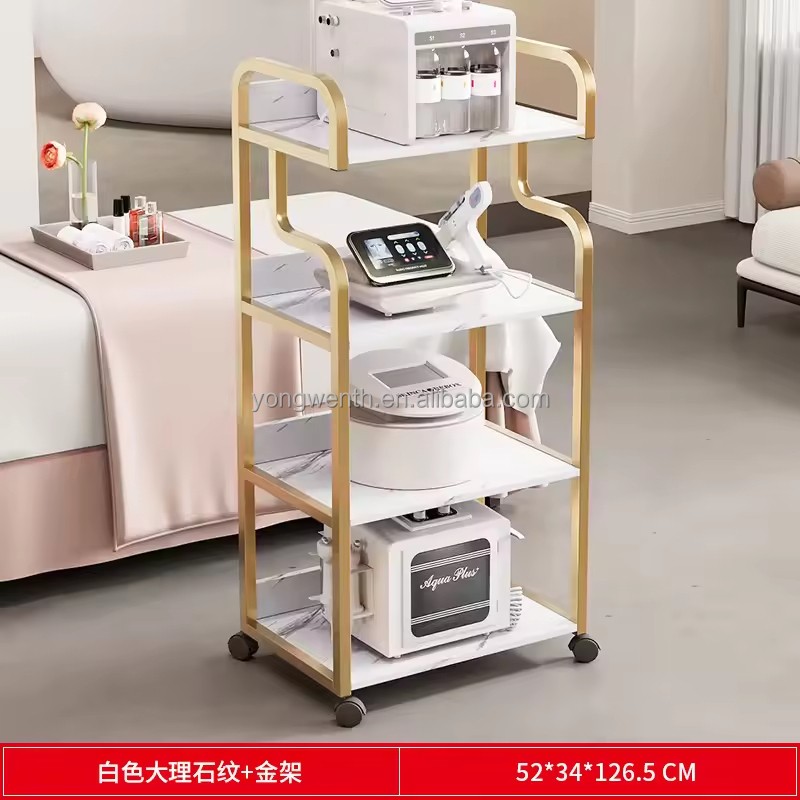 High Quality Barber Shop Salon Marble Top Tools Cart Gold Stainless Steel 3 Layer Beauty Saloon Trolley With 4 Wheels