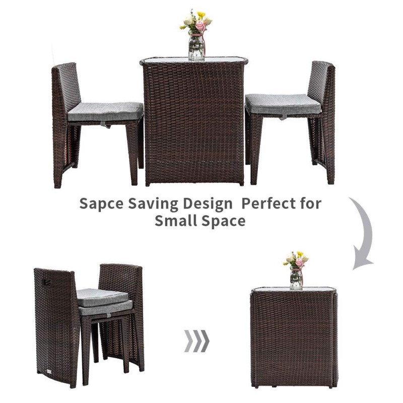 3 PCS Wicker Outdoor Patio Bistro Set, Patio Furniture Set for Small Space with Glass Top Table Dining Chairs, Balcony Furniture