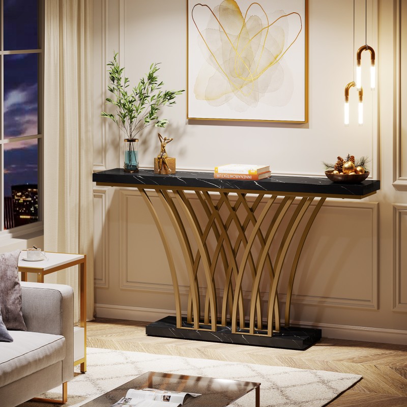 New Black and Gold Modern Faux Marble Sofa Table Entryway Coffee Tables for Living Room