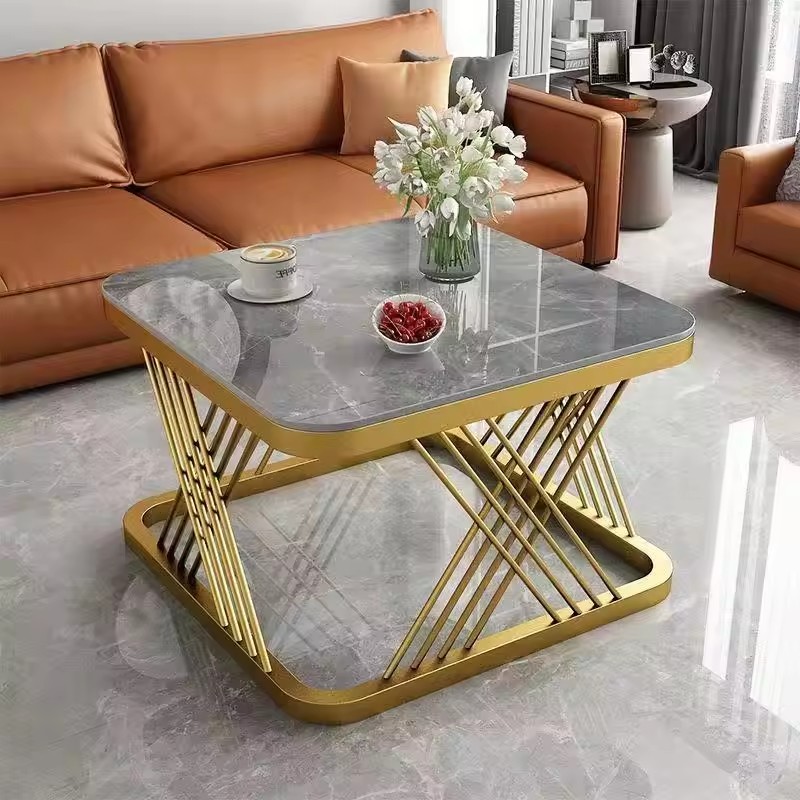 Modern Accent Living Room Faux Marble White Small Coffee Wood square Sofa Side Table with 2 Shelves Storage Space