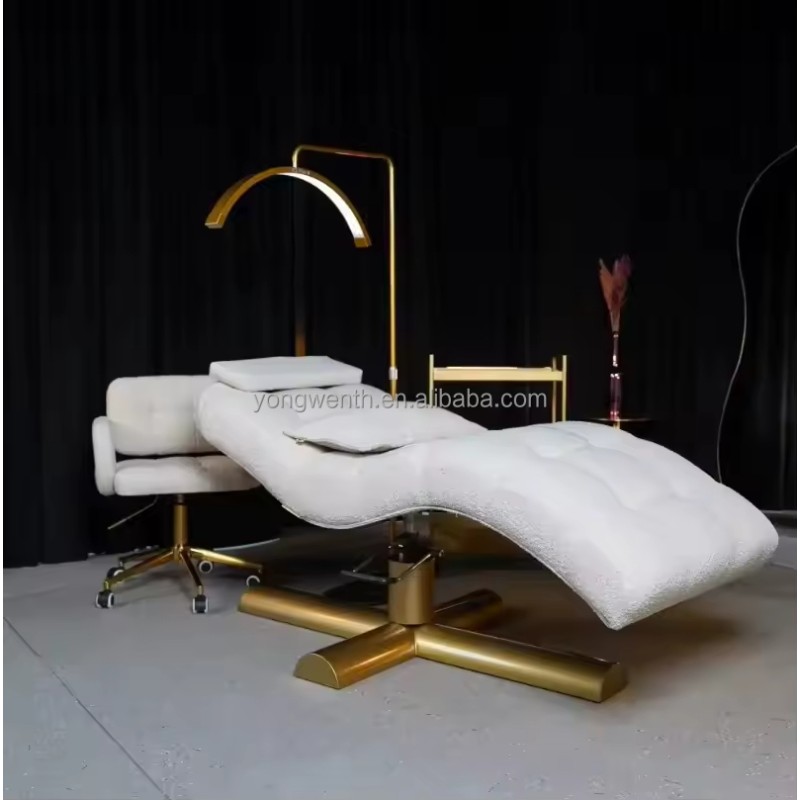 Modern Luxury Lash Bed Massage Table Beauty Salon Leather Gold Stainless Steel Basebase Curved Eyelash Bed