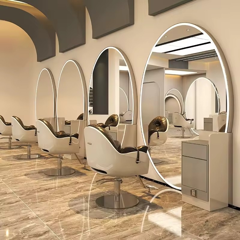 Barber Shop Large Oval Mirror Hair Salon Floor-to-ceiling Barber Mirror Table Hair Cutting Full Body Mirror