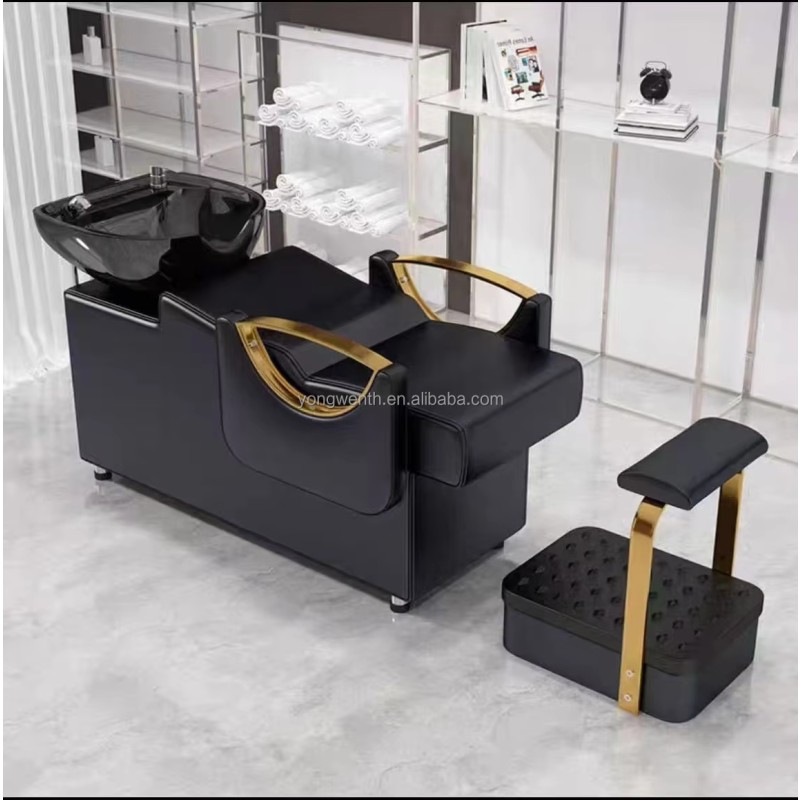 MY Beauty Salon Barber Shampoo Backwash Unit Sink Station White Black Ceramic Tilting Sink with Adjustable Seat Hair Washing Bed