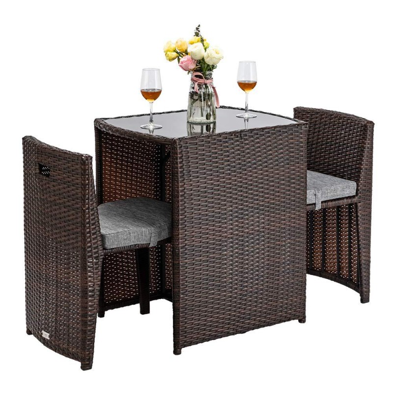 3 PCS Wicker Outdoor Patio Bistro Set, Patio Furniture Set for Small Space with Glass Top Table Dining Chairs, Balcony Furniture