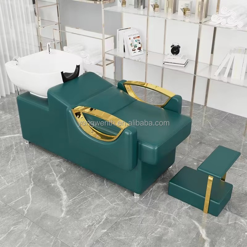 MY Beauty Salon Barber Shampoo Backwash Unit Sink Station White Black Ceramic Tilting Sink with Adjustable Seat Hair Washing Bed