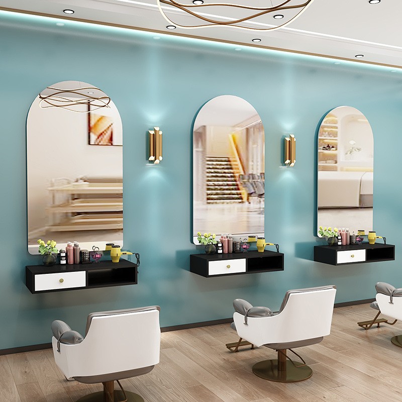 New Barber Shop Mirror Hair Salon Special Countertop Single-sided with Lamp Hair Salon Mirror Wall Hanging Cabinet Integrated