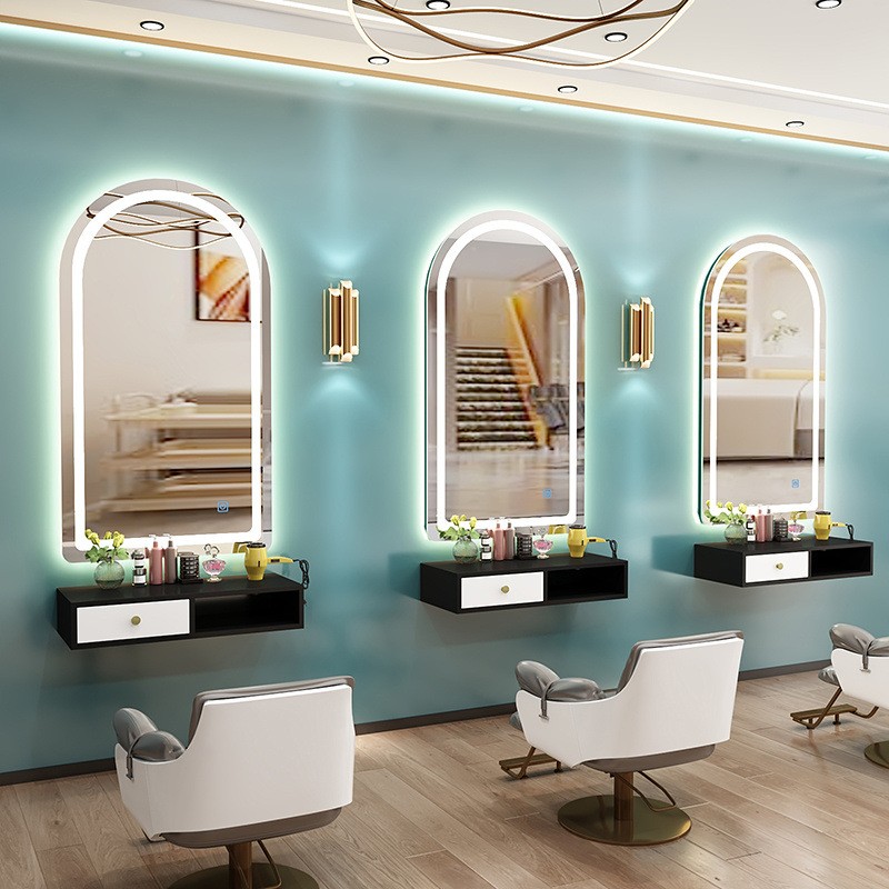 New Barber Shop Mirror Hair Salon Special Countertop Single-sided with Lamp Hair Salon Mirror Wall Hanging Cabinet Integrated
