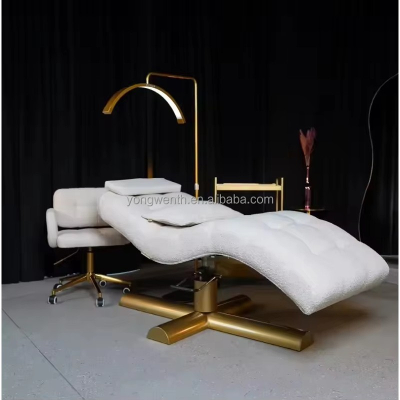 Modern Luxury Lash Bed Massage Table Beauty Salon Leather Gold Stainless Steel Basebase Curved Eyelash Bed