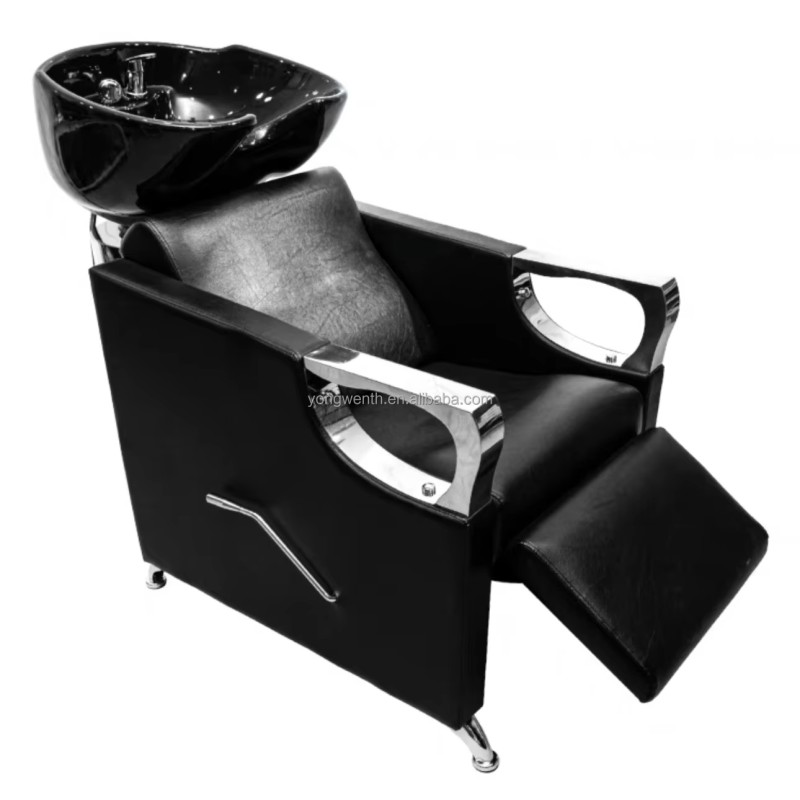 Modern Salon Furniture Black Leather Shampoo Hair Wash Chair with Bowl for Salons