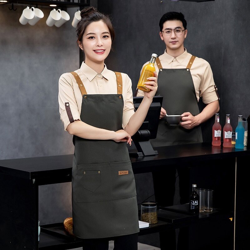 Nordic Bib Apron Supplier - Stylish Cotton Waterproof Canvas Leather Waistband Chef Kitchen Bakery